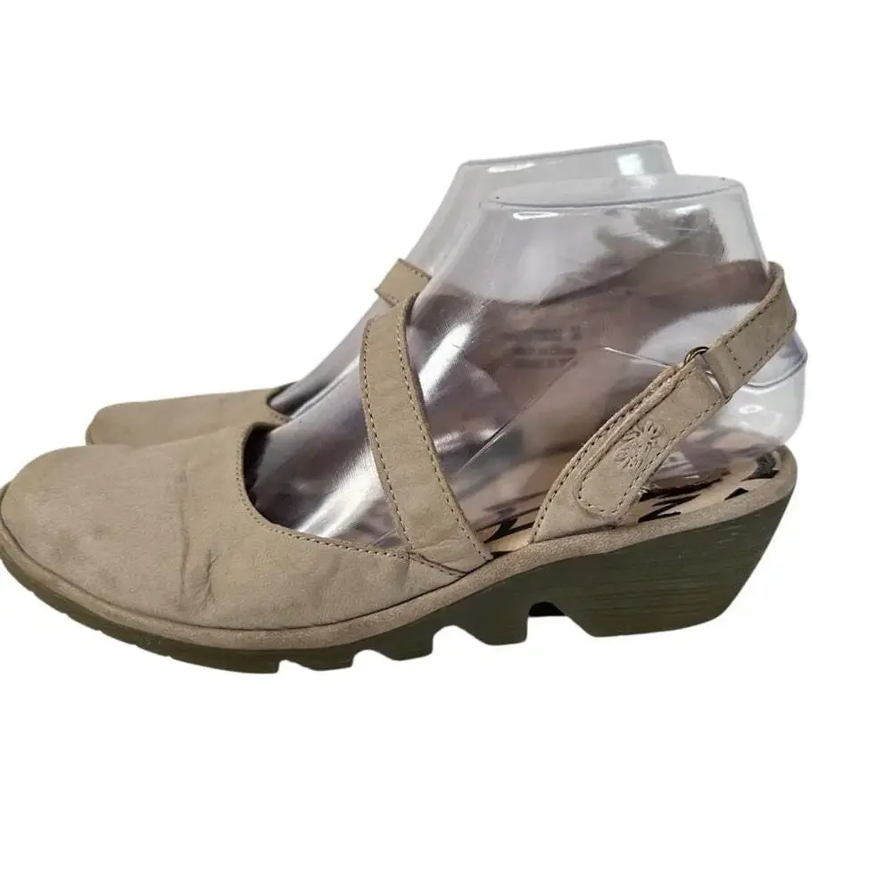 Fly London Womens Pele Slingback Shoes Taupe Leather Closed Toe EU 38